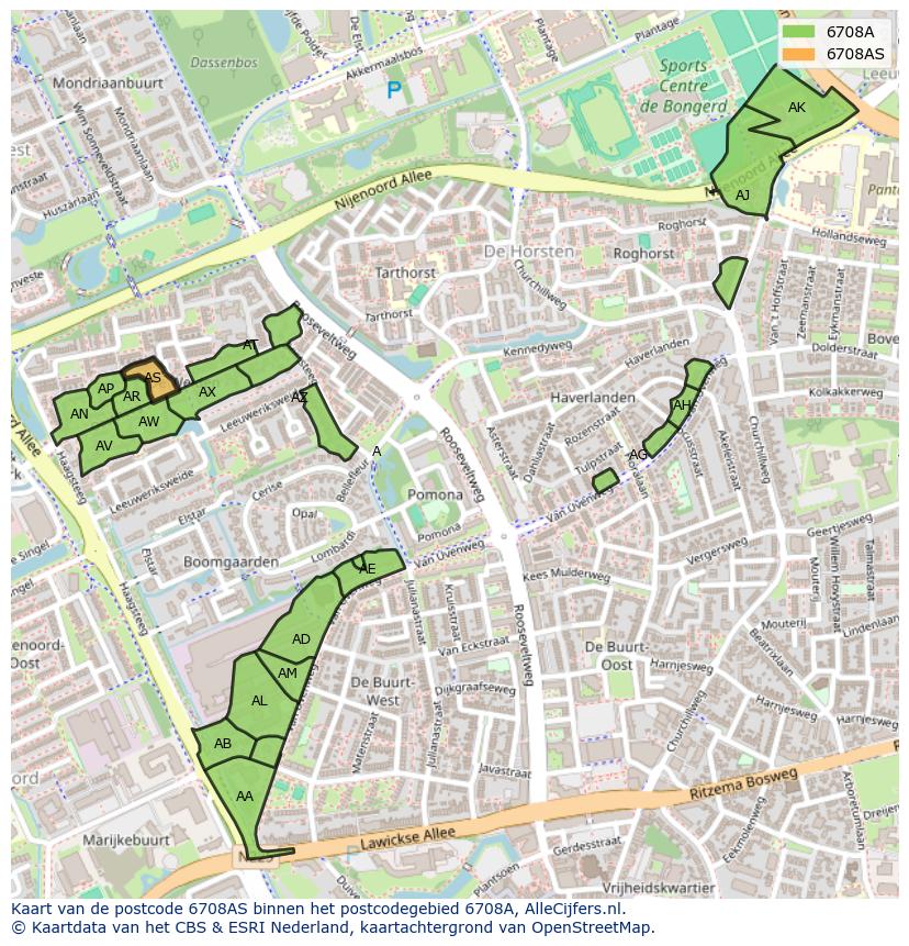 Afbeelding van het postcodegebied 6708 AS op de kaart.