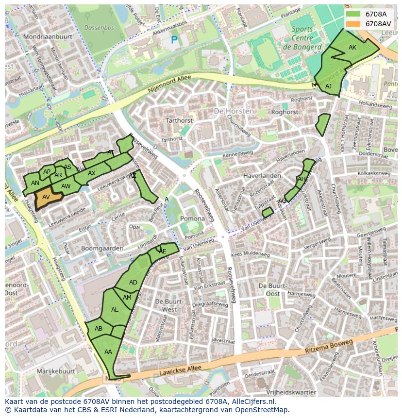 Afbeelding van het postcodegebied 6708 AV op de kaart.
