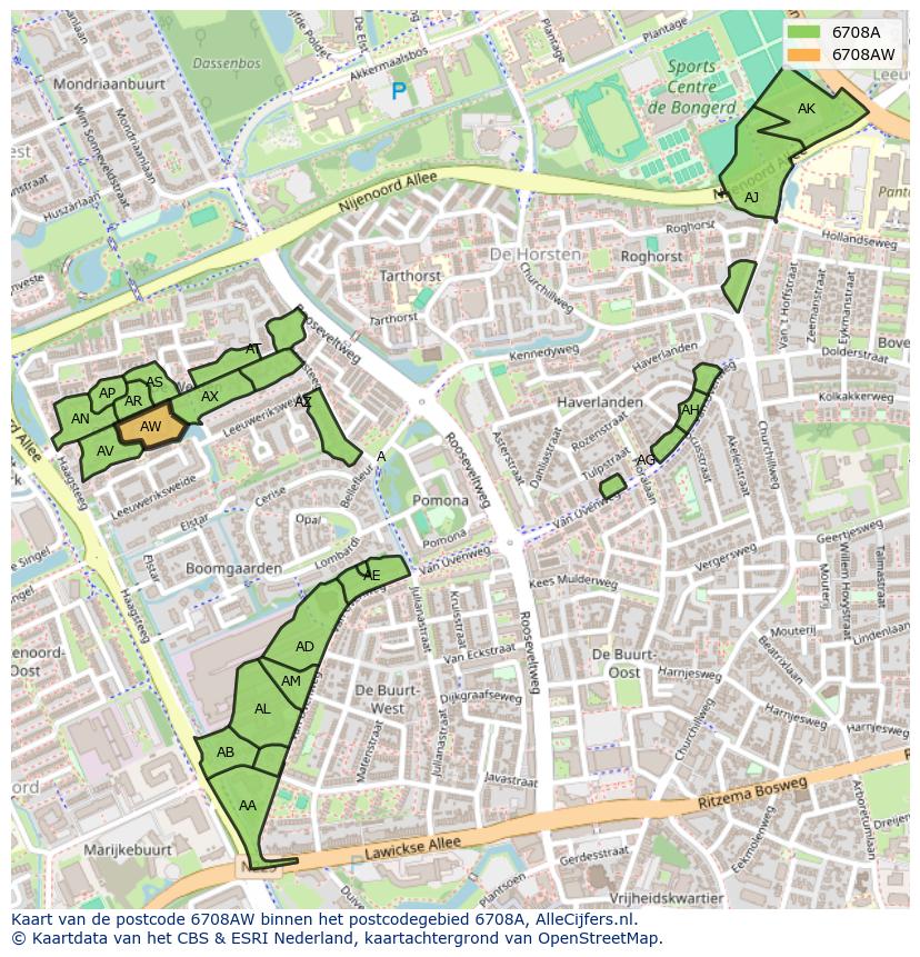Afbeelding van het postcodegebied 6708 AW op de kaart.