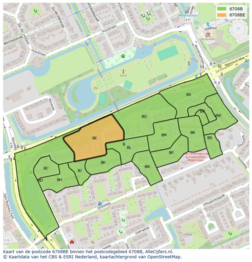 Afbeelding van het postcodegebied 6708 BE op de kaart.