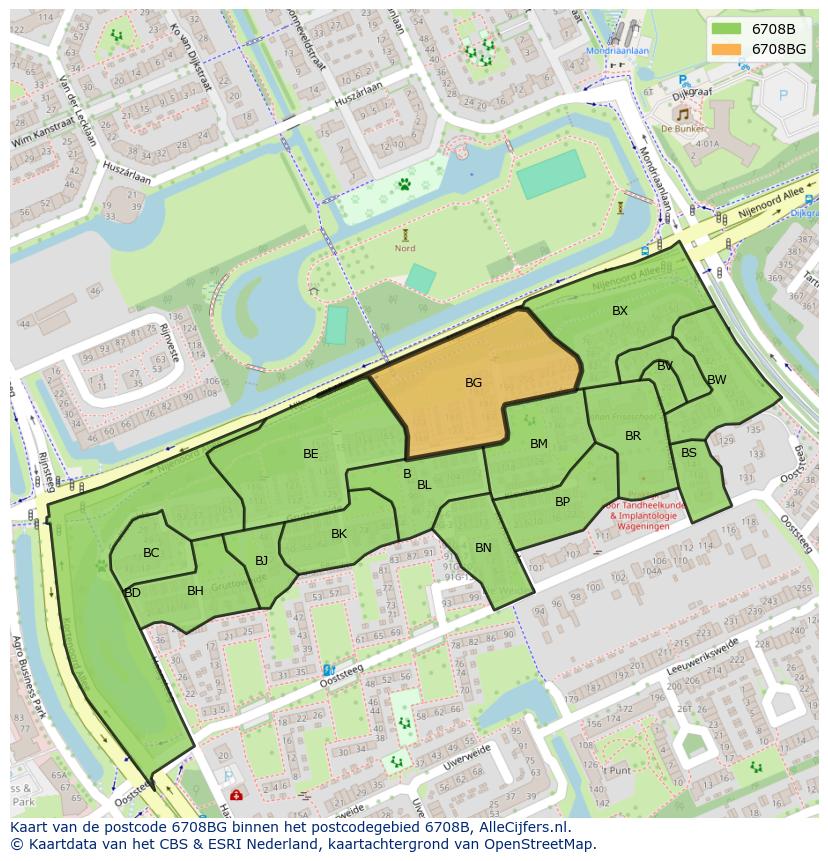 Afbeelding van het postcodegebied 6708 BG op de kaart.