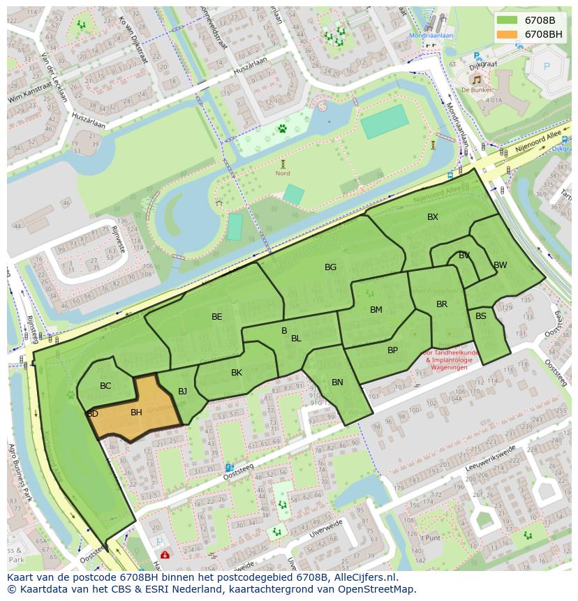 Afbeelding van het postcodegebied 6708 BH op de kaart.