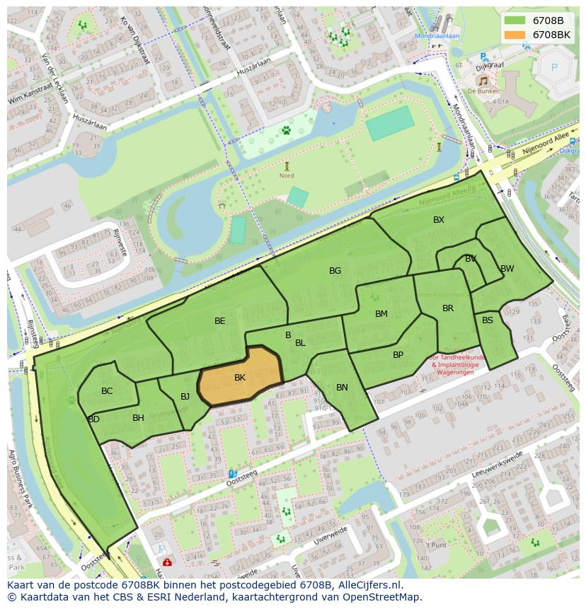 Afbeelding van het postcodegebied 6708 BK op de kaart.