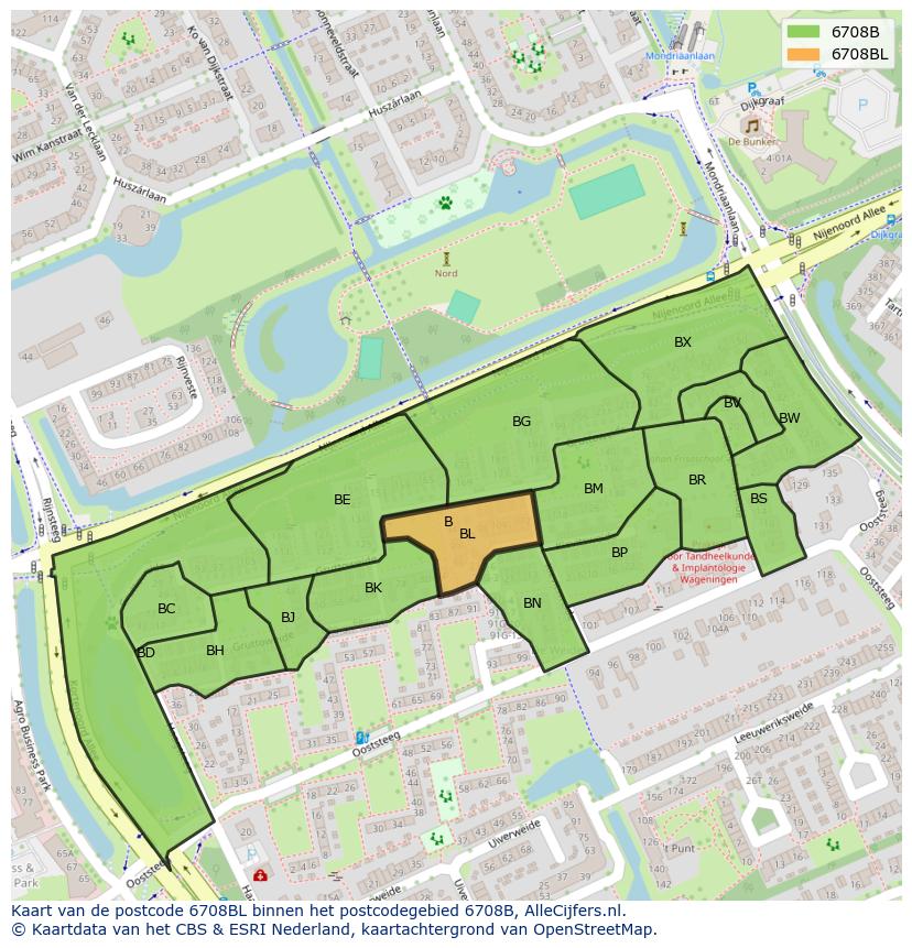 Afbeelding van het postcodegebied 6708 BL op de kaart.