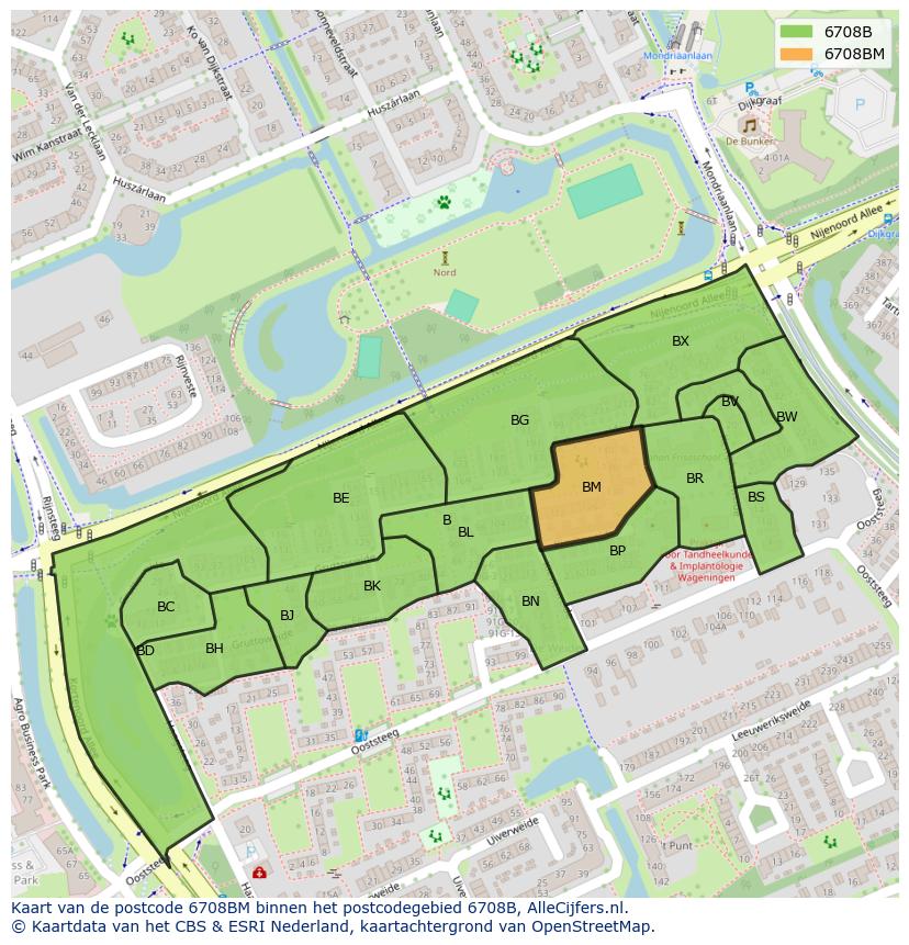 Afbeelding van het postcodegebied 6708 BM op de kaart.