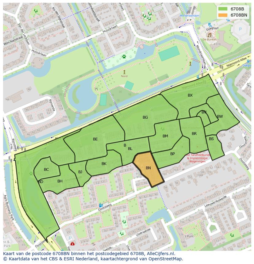 Afbeelding van het postcodegebied 6708 BN op de kaart.