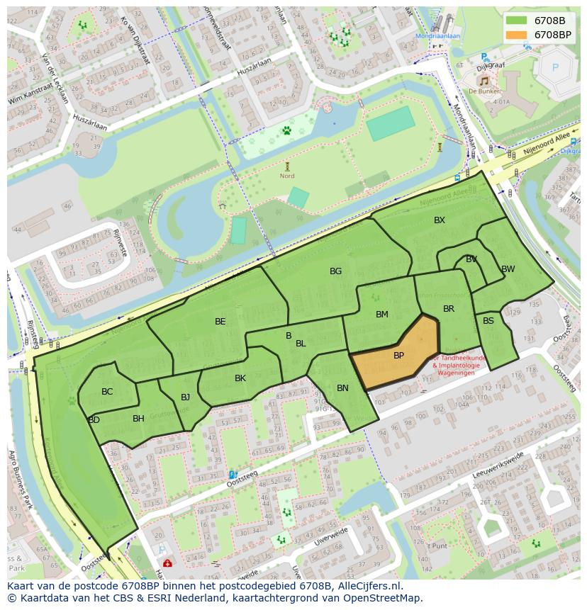 Afbeelding van het postcodegebied 6708 BP op de kaart.