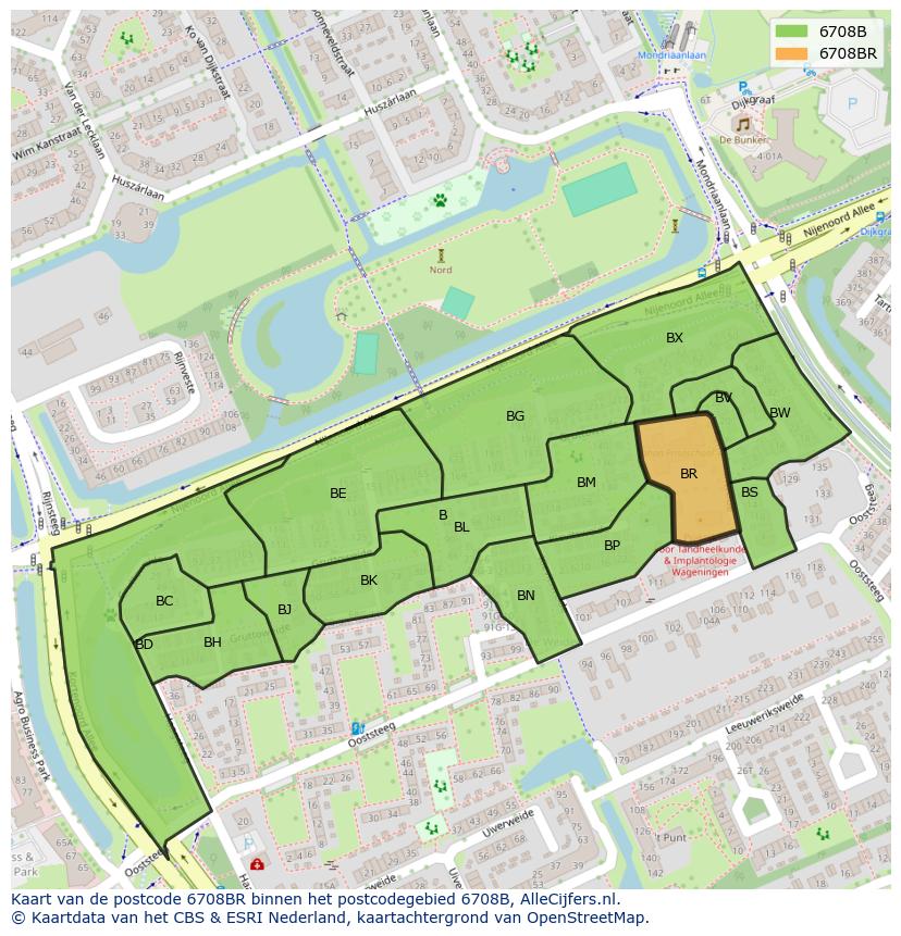Afbeelding van het postcodegebied 6708 BR op de kaart.