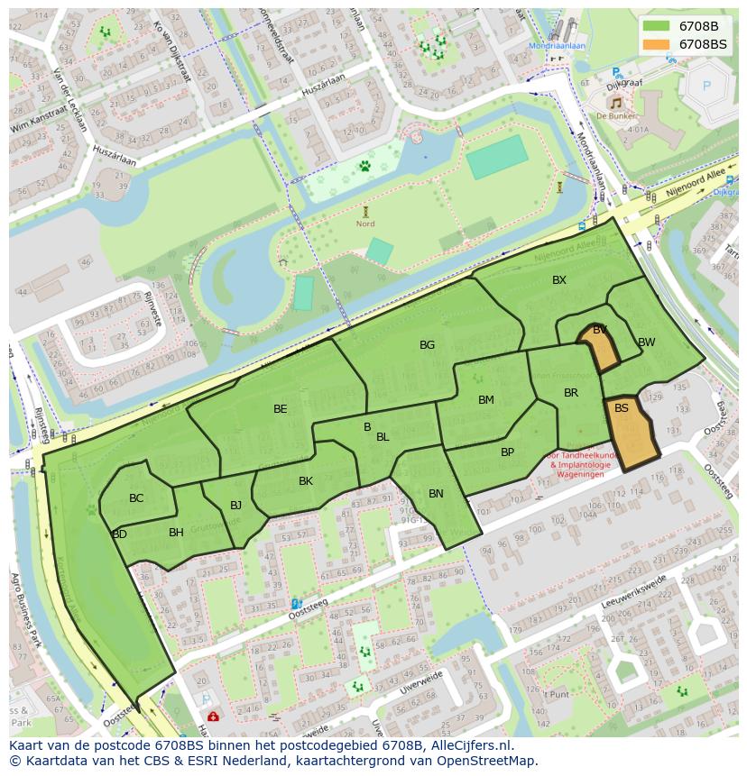 Afbeelding van het postcodegebied 6708 BS op de kaart.