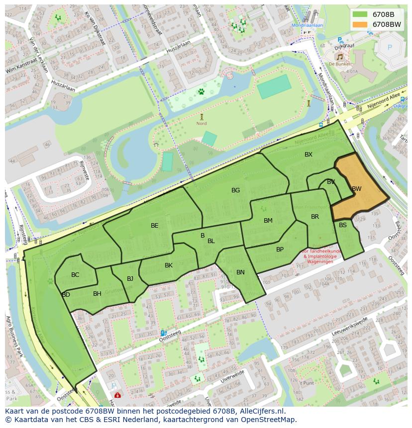 Afbeelding van het postcodegebied 6708 BW op de kaart.