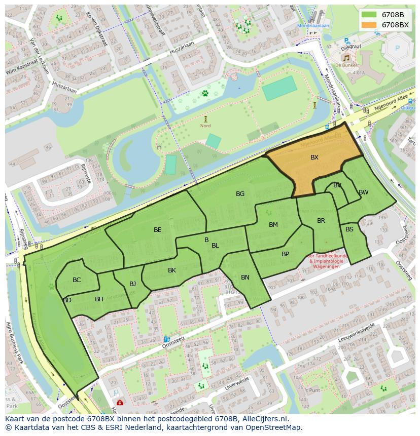 Afbeelding van het postcodegebied 6708 BX op de kaart.