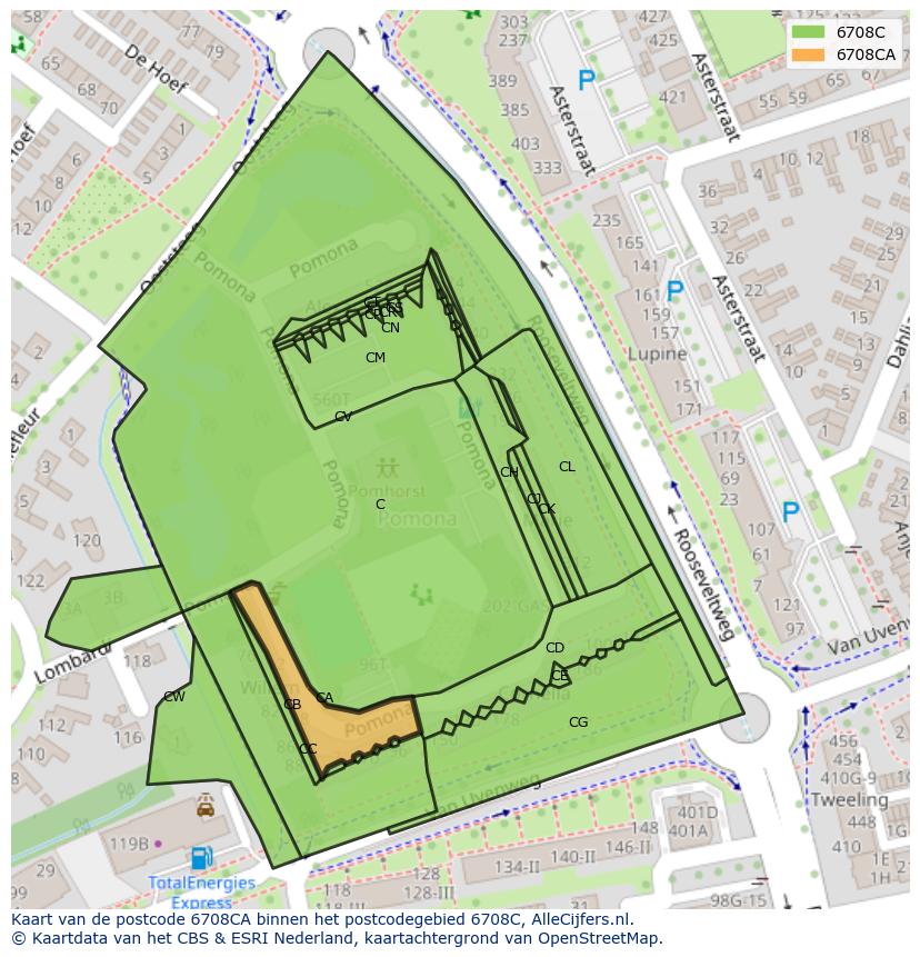 Afbeelding van het postcodegebied 6708 CA op de kaart.