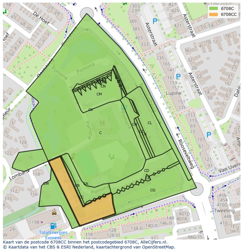 Afbeelding van het postcodegebied 6708 CC op de kaart.