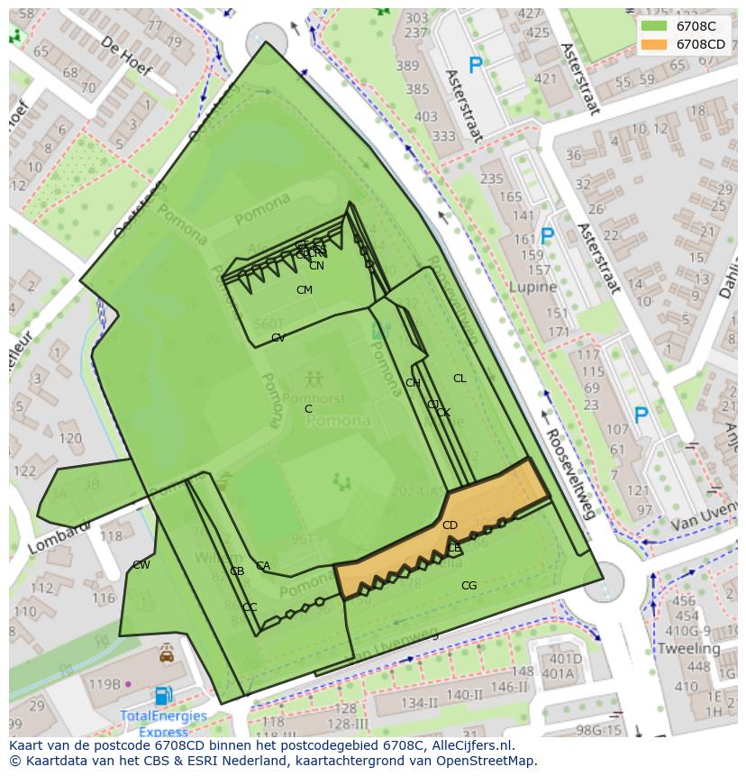 Afbeelding van het postcodegebied 6708 CD op de kaart.