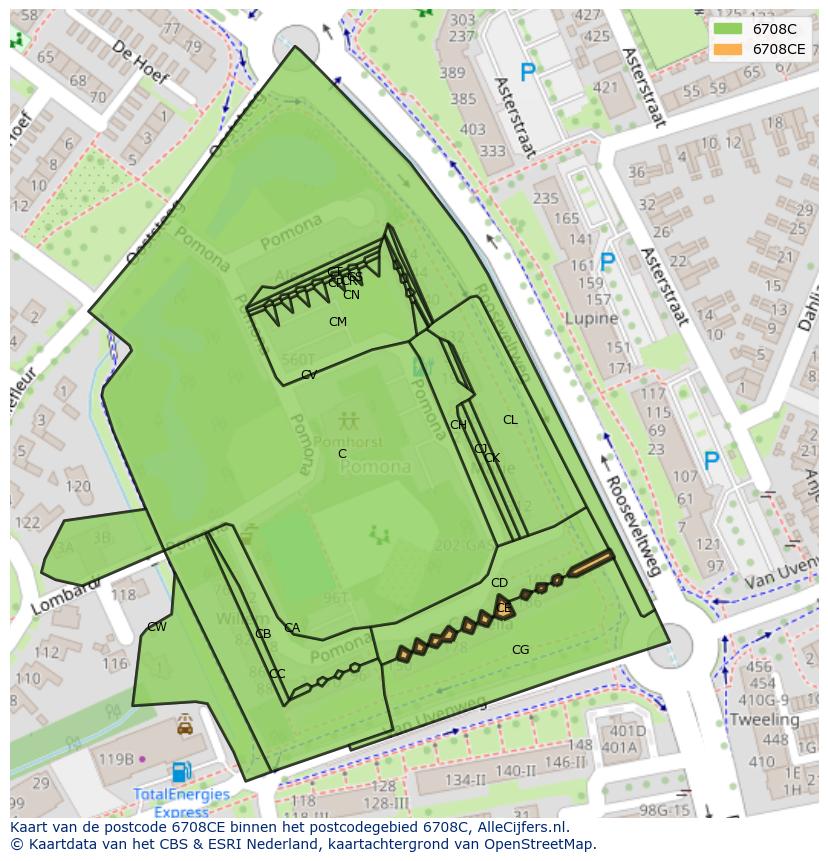 Afbeelding van het postcodegebied 6708 CE op de kaart.