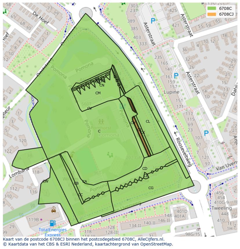 Afbeelding van het postcodegebied 6708 CJ op de kaart.