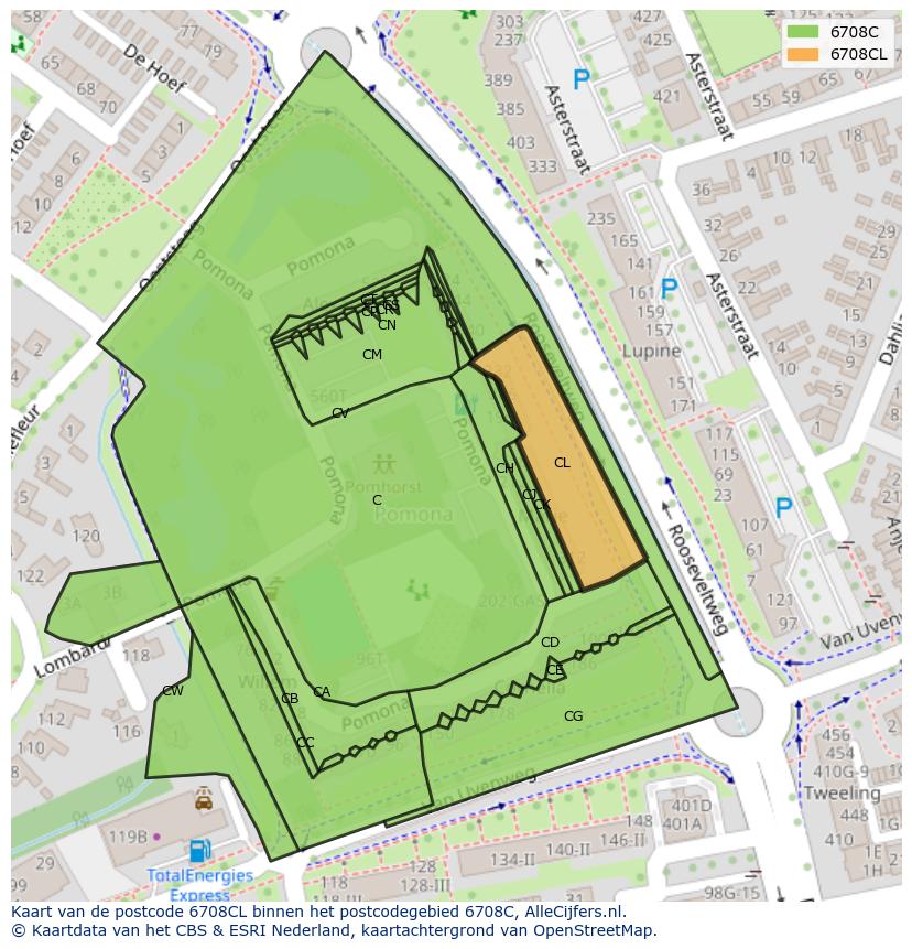 Afbeelding van het postcodegebied 6708 CL op de kaart.