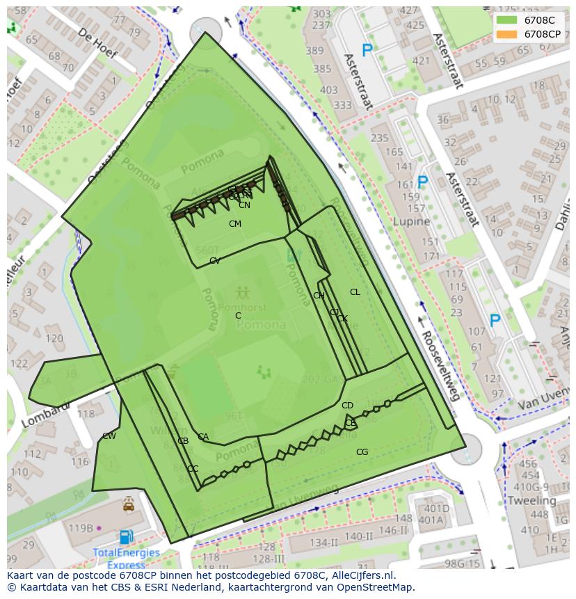Afbeelding van het postcodegebied 6708 CP op de kaart.