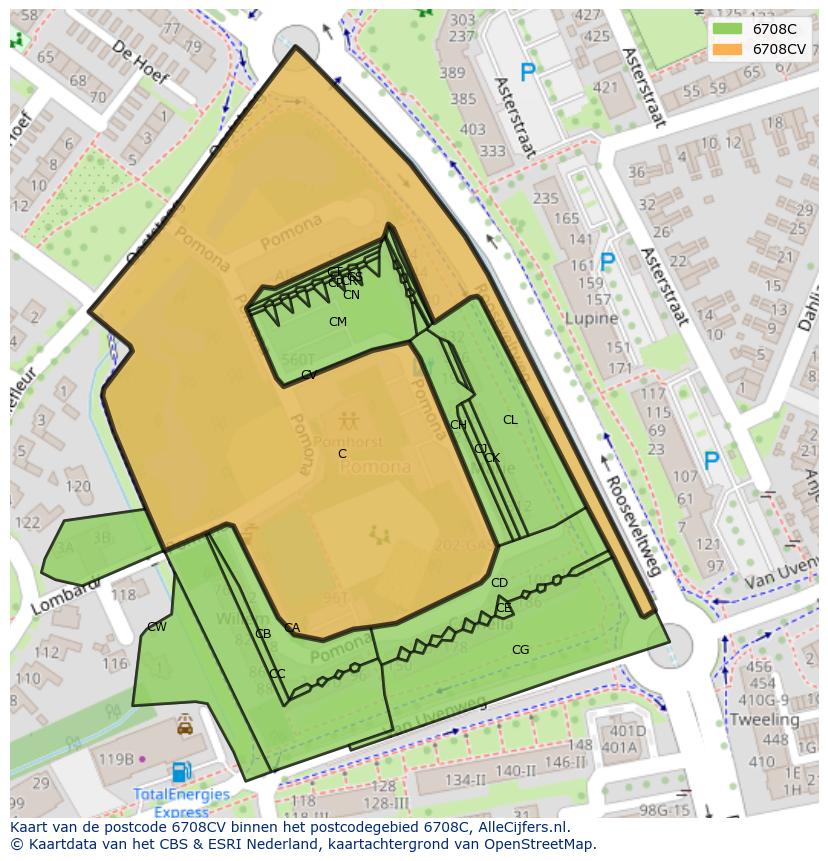 Afbeelding van het postcodegebied 6708 CV op de kaart.
