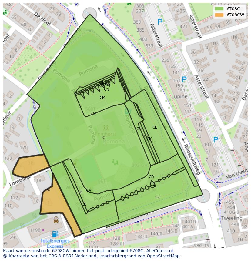 Afbeelding van het postcodegebied 6708 CW op de kaart.