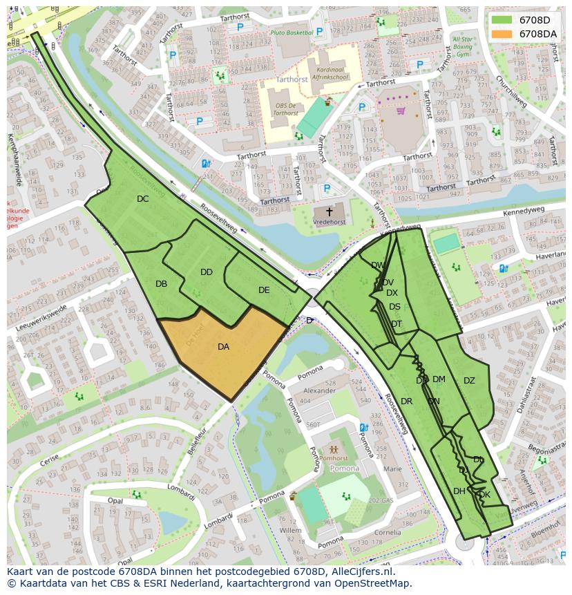 Afbeelding van het postcodegebied 6708 DA op de kaart.