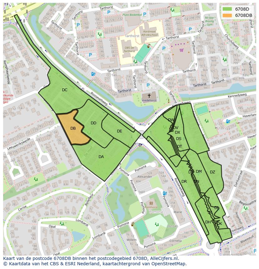 Afbeelding van het postcodegebied 6708 DB op de kaart.