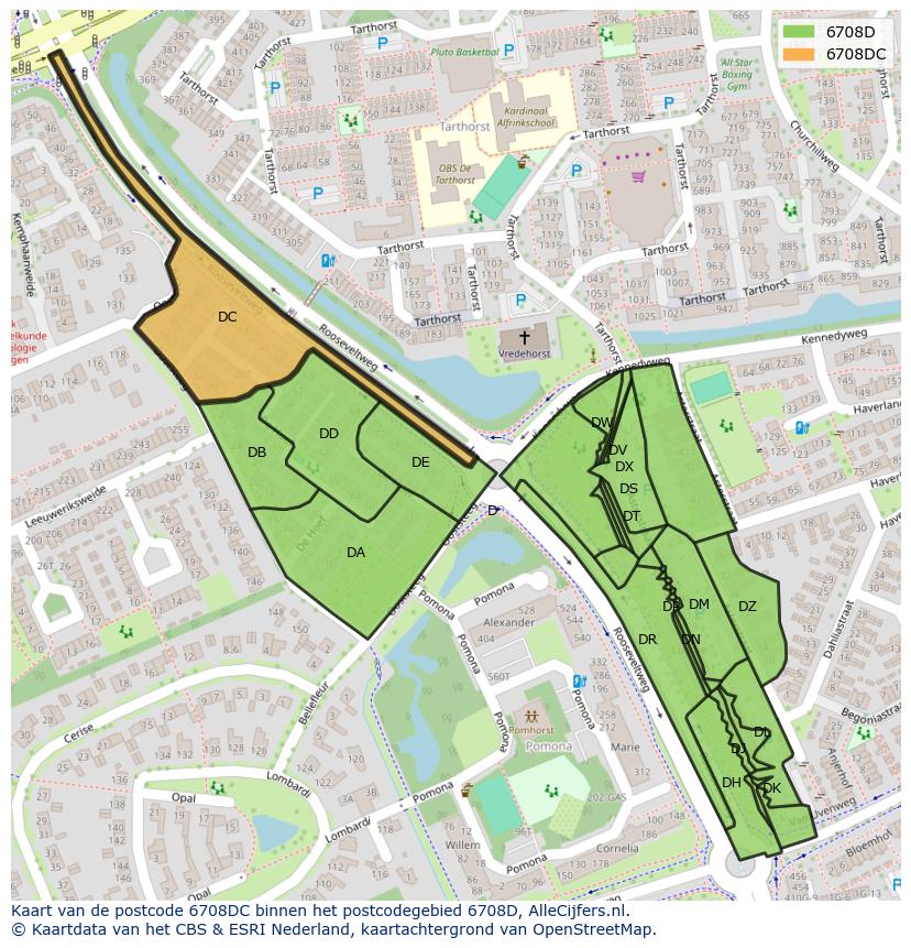 Afbeelding van het postcodegebied 6708 DC op de kaart.