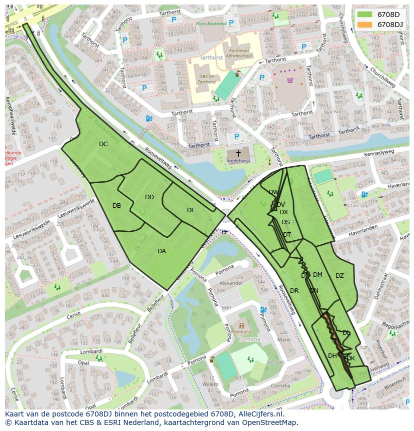 Afbeelding van het postcodegebied 6708 DJ op de kaart.