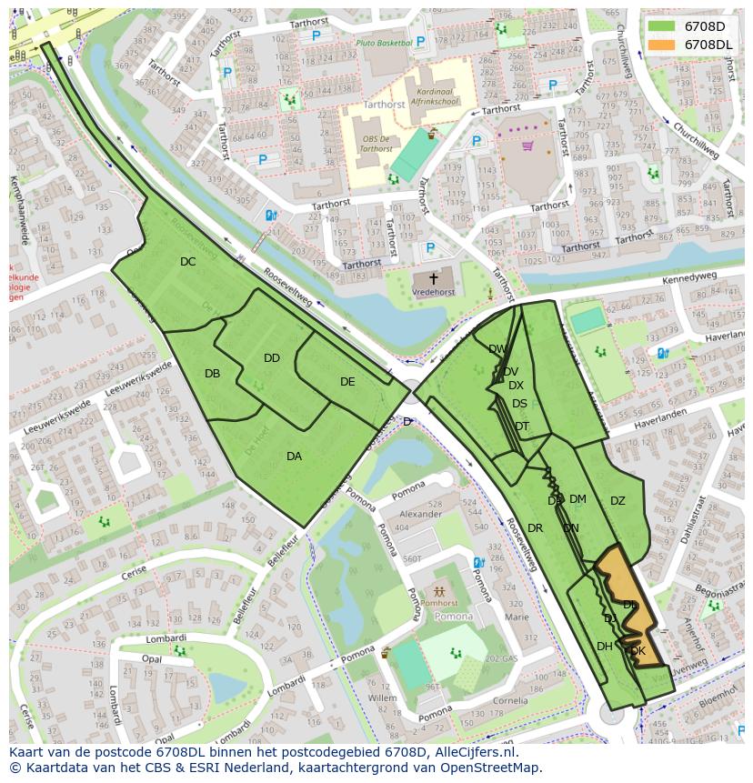 Afbeelding van het postcodegebied 6708 DL op de kaart.