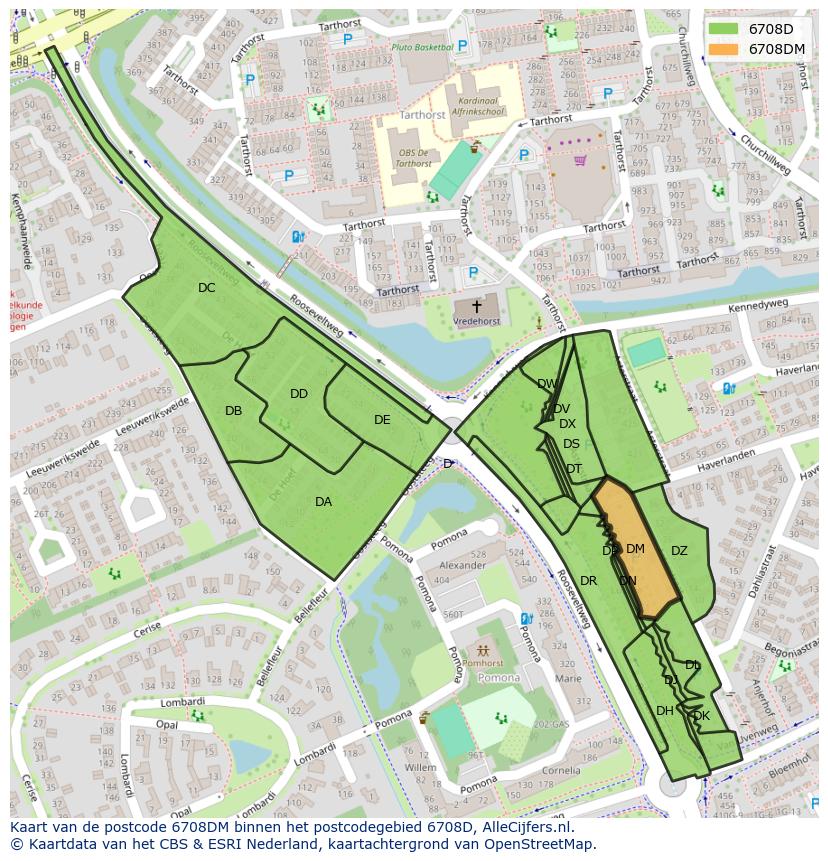 Afbeelding van het postcodegebied 6708 DM op de kaart.