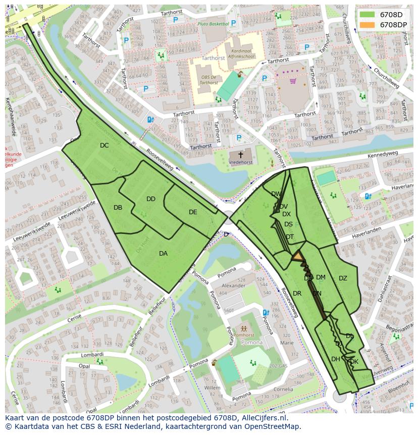 Afbeelding van het postcodegebied 6708 DP op de kaart.