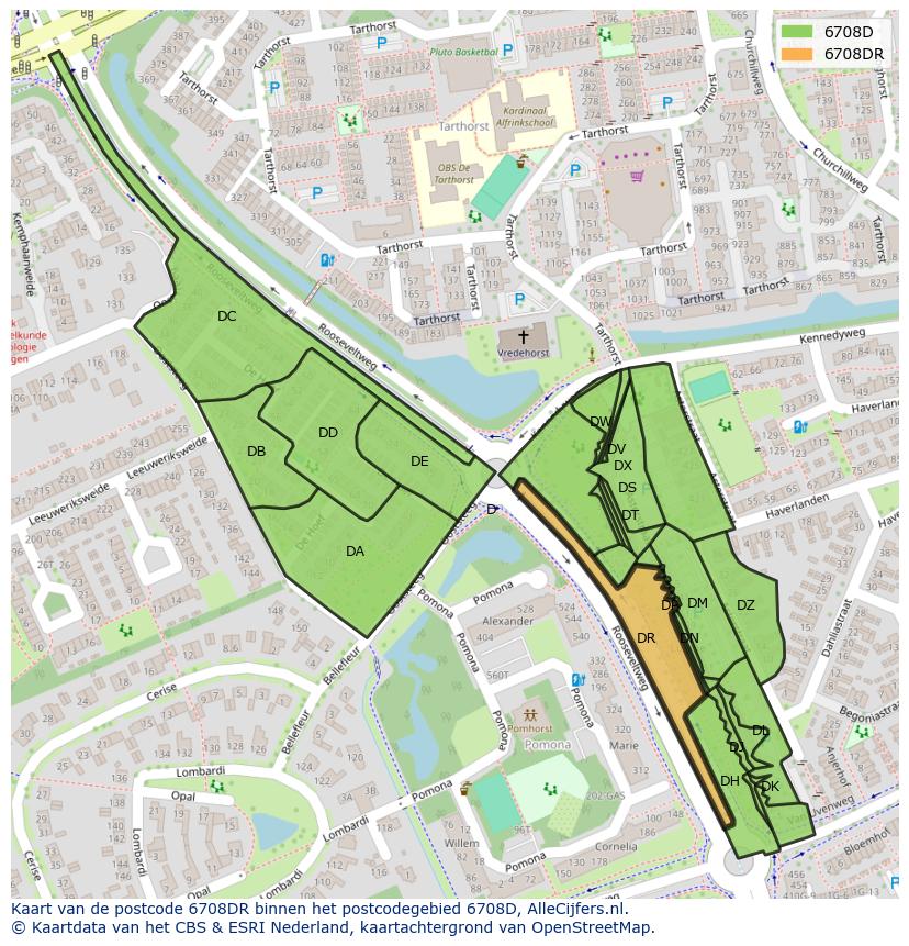 Afbeelding van het postcodegebied 6708 DR op de kaart.