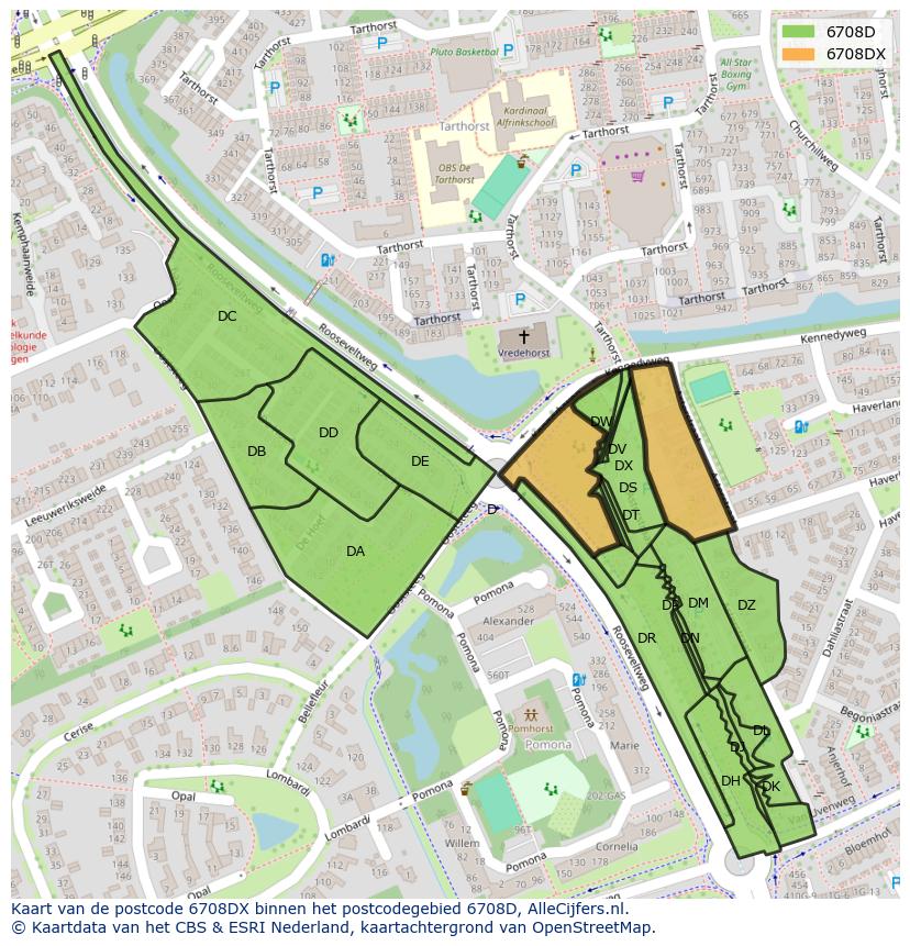 Afbeelding van het postcodegebied 6708 DX op de kaart.