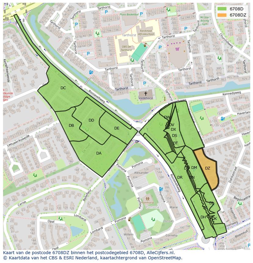 Afbeelding van het postcodegebied 6708 DZ op de kaart.