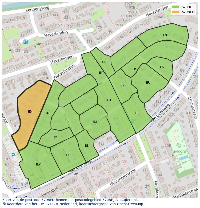 Afbeelding van het postcodegebied 6708 ED op de kaart.
