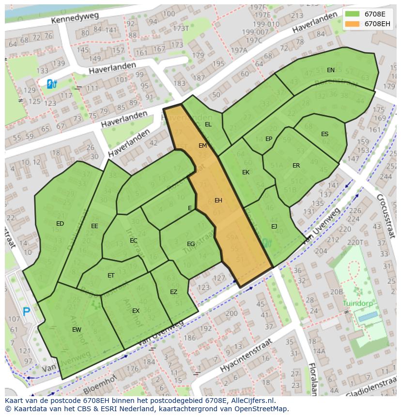 Afbeelding van het postcodegebied 6708 EH op de kaart.