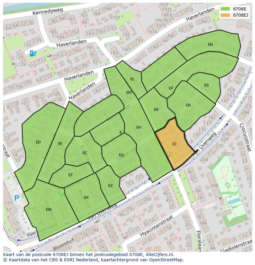 Afbeelding van het postcodegebied 6708 EJ op de kaart.
