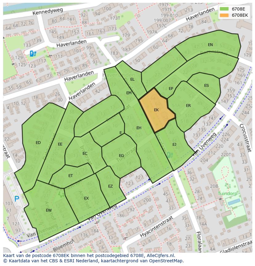 Afbeelding van het postcodegebied 6708 EK op de kaart.