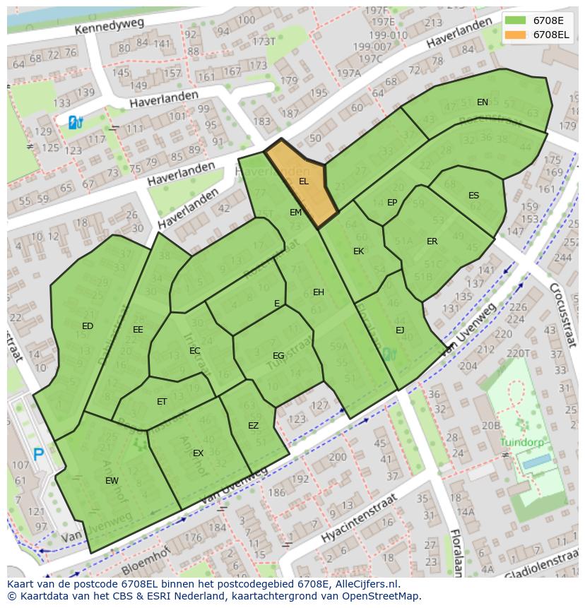 Afbeelding van het postcodegebied 6708 EL op de kaart.