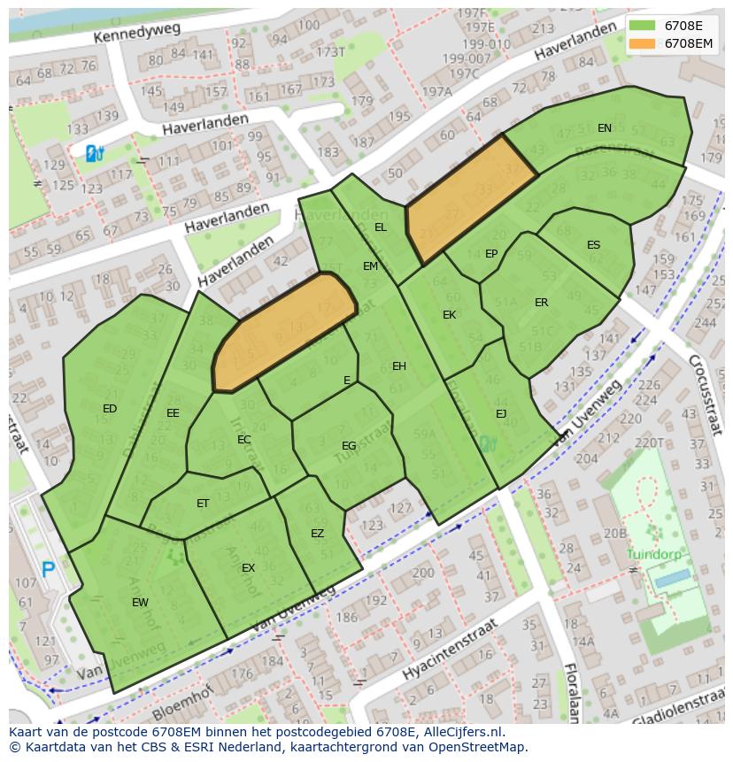 Afbeelding van het postcodegebied 6708 EM op de kaart.