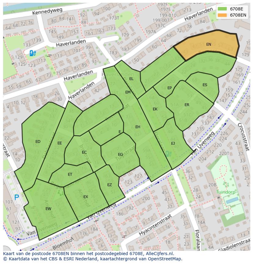 Afbeelding van het postcodegebied 6708 EN op de kaart.