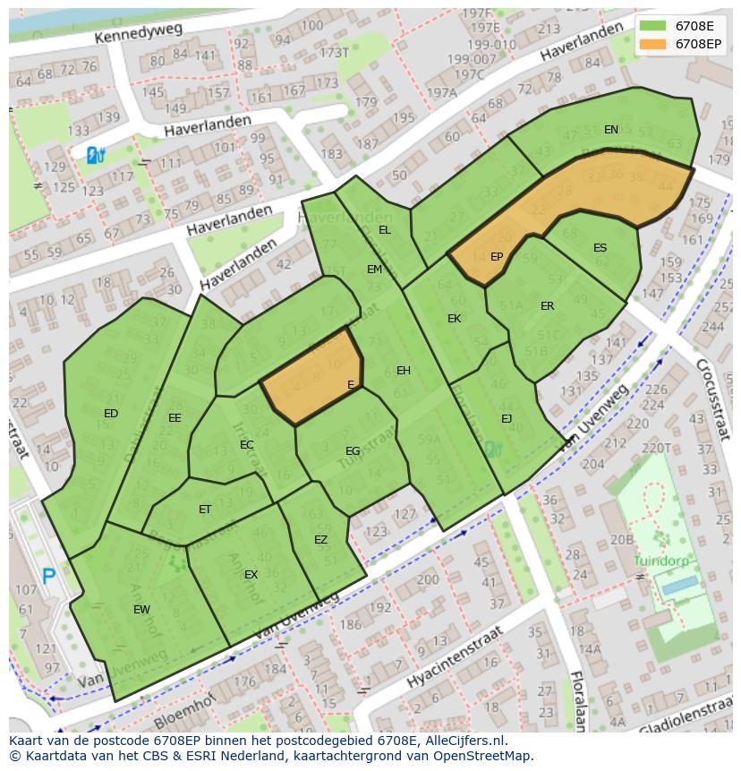 Afbeelding van het postcodegebied 6708 EP op de kaart.