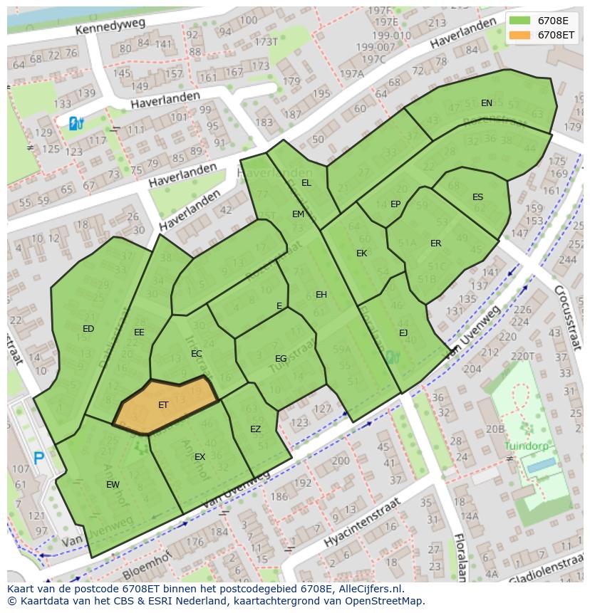 Afbeelding van het postcodegebied 6708 ET op de kaart.