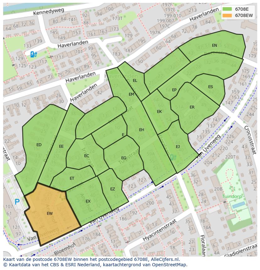 Afbeelding van het postcodegebied 6708 EW op de kaart.