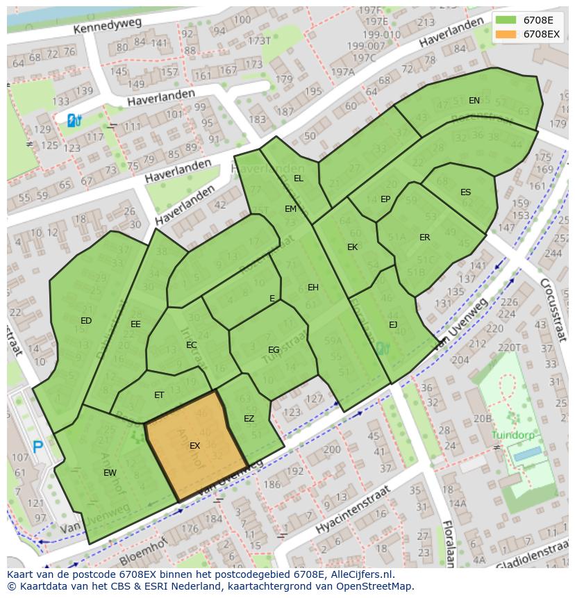 Afbeelding van het postcodegebied 6708 EX op de kaart.
