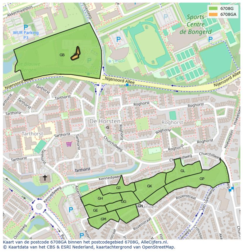 Afbeelding van het postcodegebied 6708 GA op de kaart.