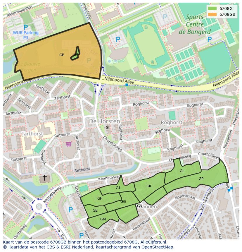 Afbeelding van het postcodegebied 6708 GB op de kaart.