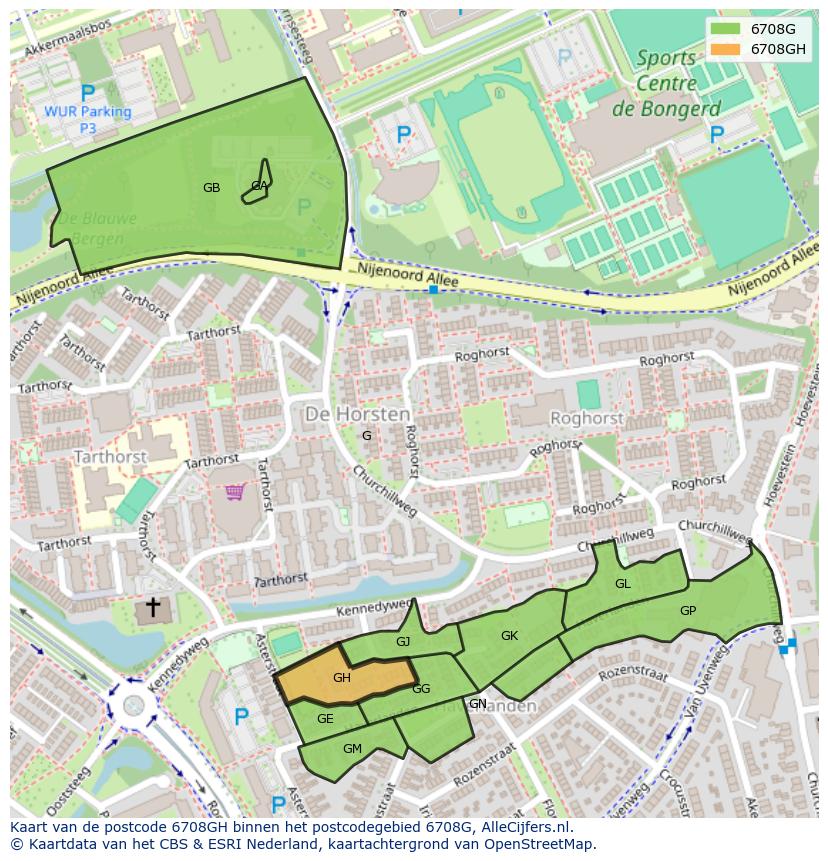 Afbeelding van het postcodegebied 6708 GH op de kaart.