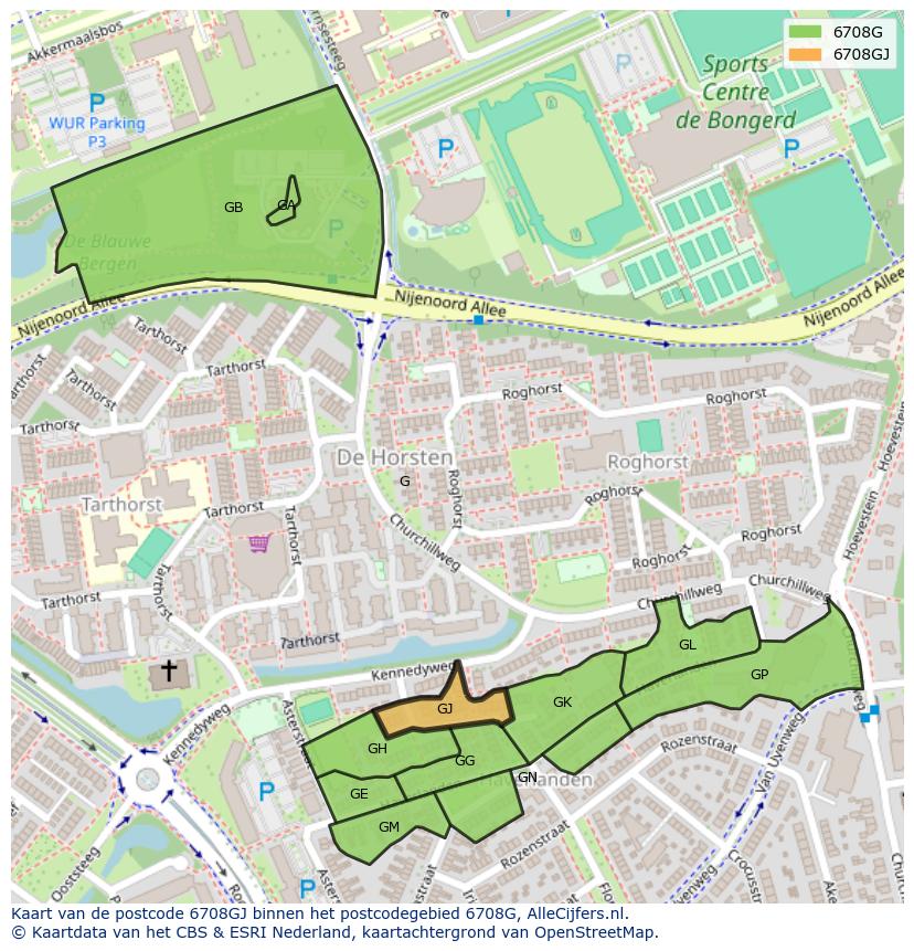 Afbeelding van het postcodegebied 6708 GJ op de kaart.