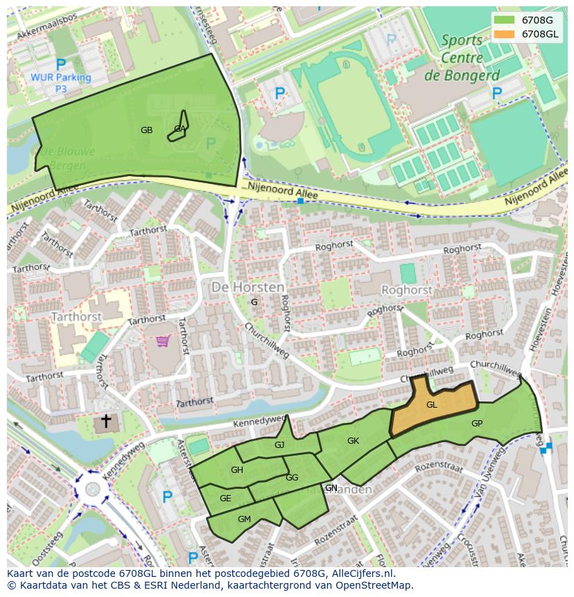 Afbeelding van het postcodegebied 6708 GL op de kaart.